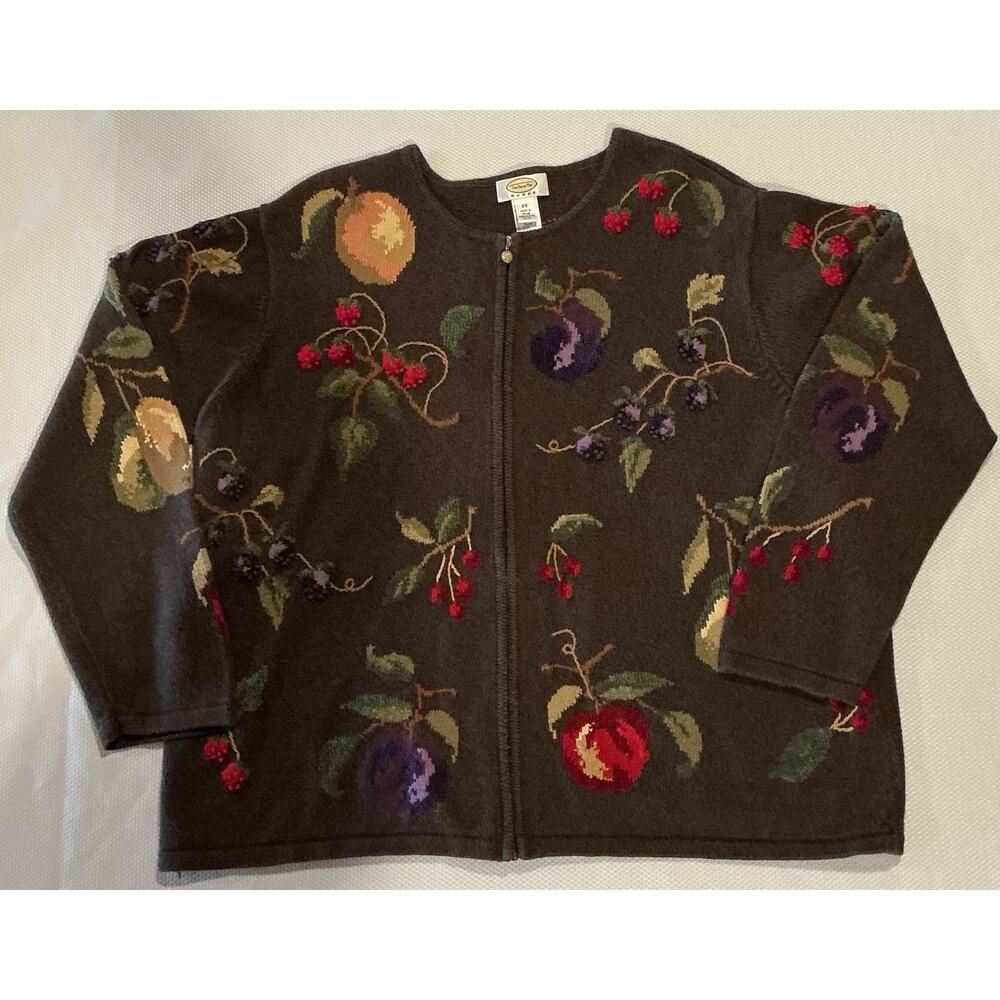 Vintage 90s Talbots Woman Plus 2X Fruit Embroidered Cardigan Ramie Cotton Silk - Picture 3 of 8